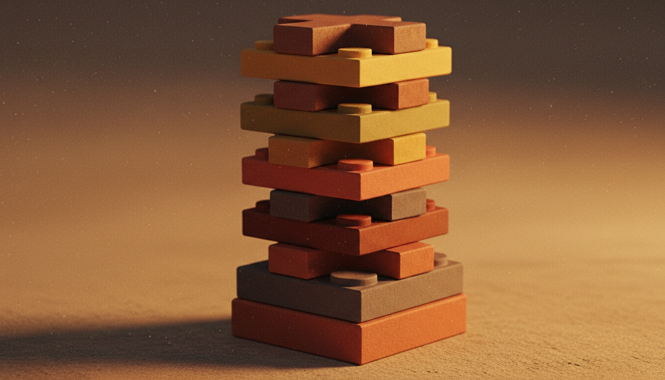 Hotel website tech stack represented as stacked building blocks in terracotta, ochre and sienna tones